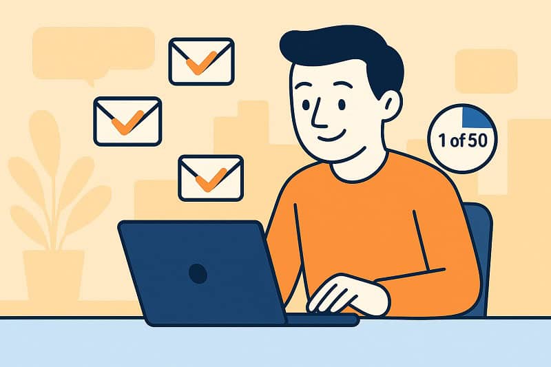Ilustración de una persona utilizando un ordenador portátil con iconos de correo electrónico, marcas de verificación y un indicador de progreso que muestra 