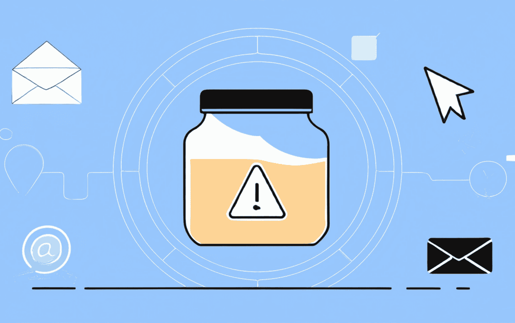 Illustration of a jar with an exclamation mark inside, surrounded by email icons, on a blue background.