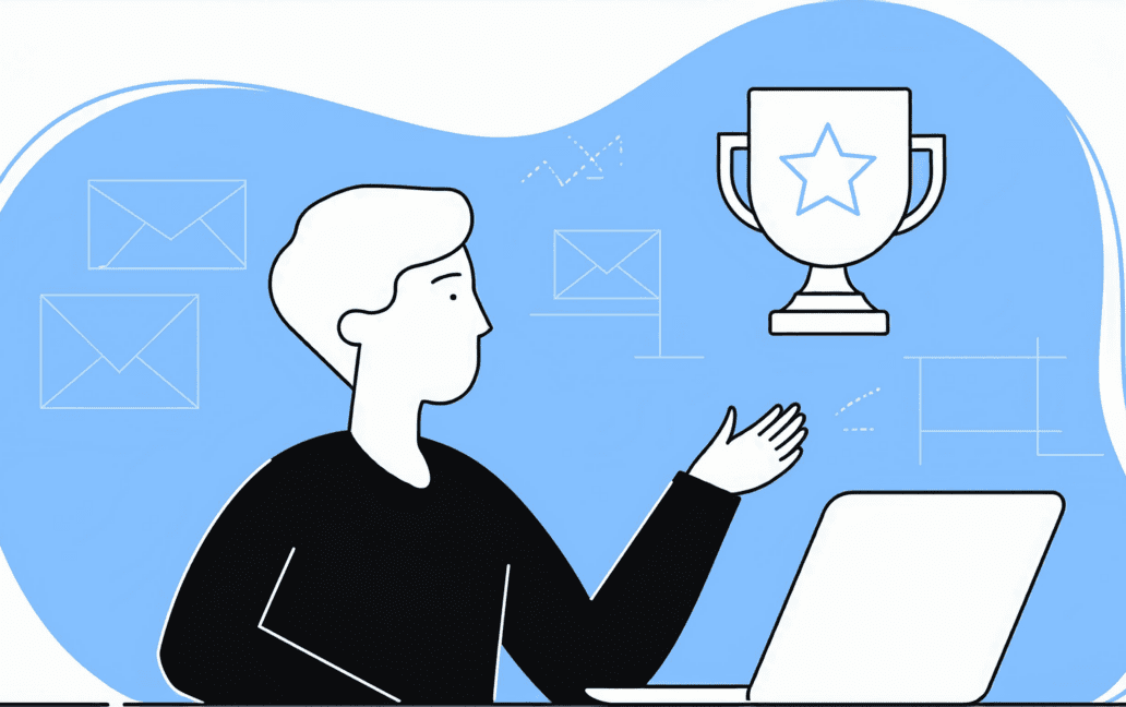 Illustration of a person sitting at a desk with a laptop, gesturing towards a trophy with a star on it, symbolizing achievement. The background includes envelope and chart icons, highlighting email deliverability solutions.