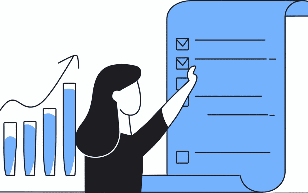 A person is standing in front of a large checklist, marking items off. Behind them is a bar chart with an upward arrow, symbolizing Email Marketing success. The image is illustrated in shades of blue and black.