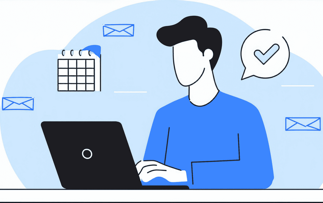 Illustration of a person using a laptop, with an envelope, calendar, and checkmark in a speech bubble in the background, depicting communication and scheduling strategies like determining how many follow up emails to send.