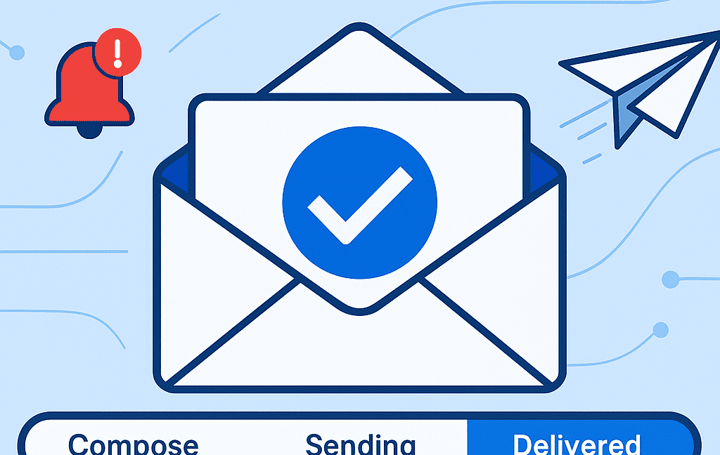 The email sent confirmation screen features an envelope with a checkmark icon, indicating the email was sent successfully. A red notification bell is on the left, while a paper airplane graces the right. The status bar proudly highlights "Delivered.