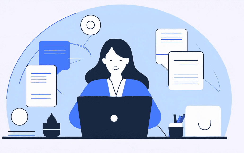 Illustration of a person typing on a laptop, surrounded by floating chat and document icons, symbolizing LinkedIn Outreach Templates.