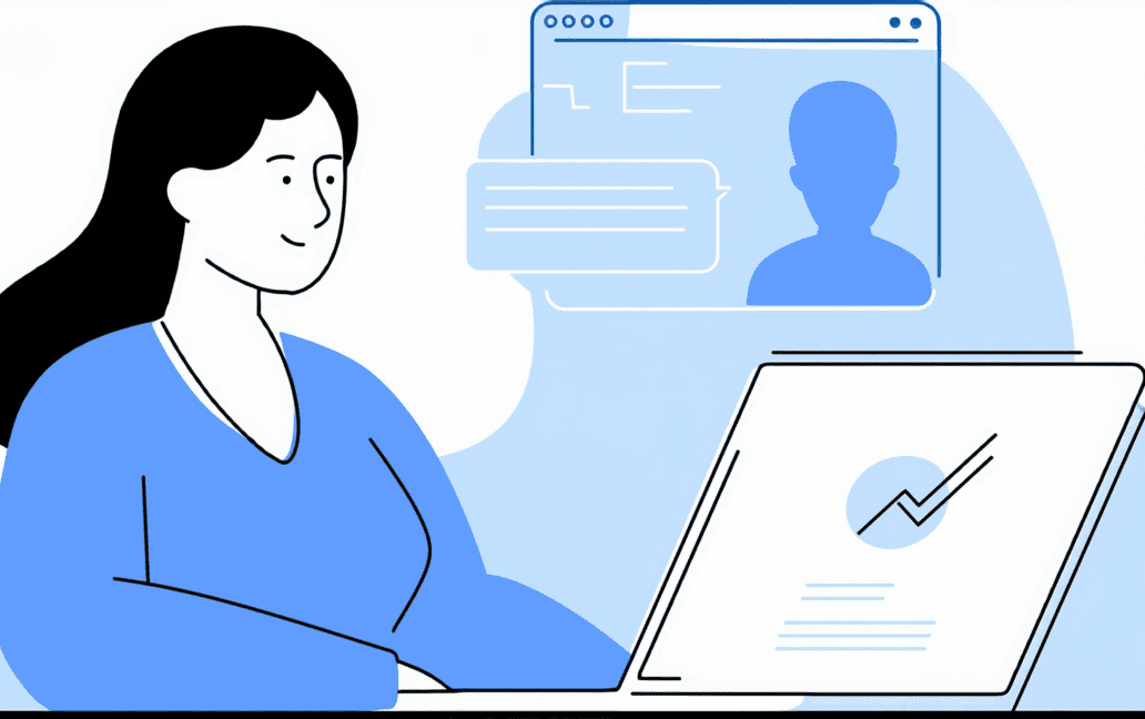 Illustration of a person in a blue shirt using a laptop, with a speech bubble and a LinkedIn profile icon on the computer screen in the background.