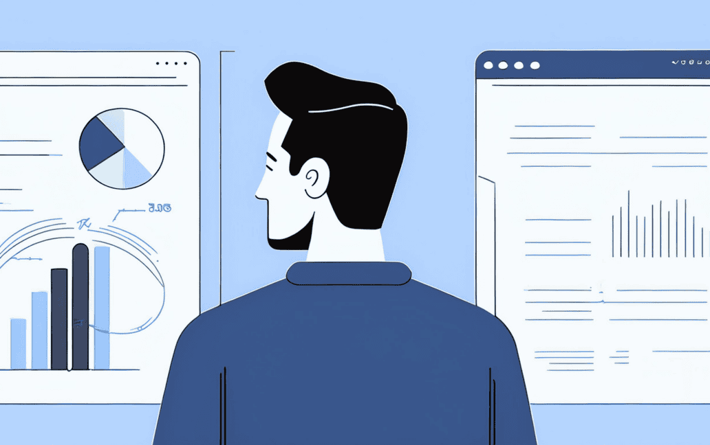 An illustration of a person analyzing data on two large screens. One screen shows bar and pie charts, while the other displays text and graphs, neatly explaining various email formats such as plain text emails and HTML emails.