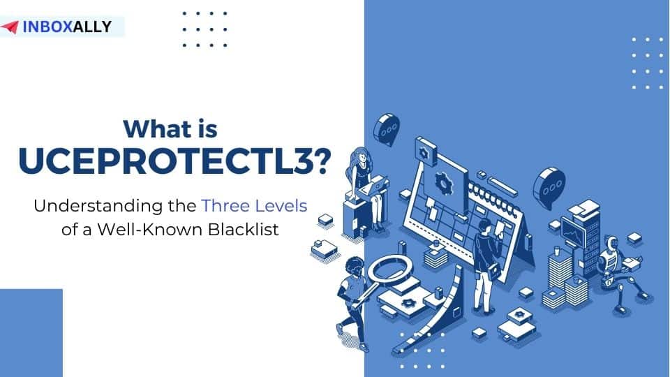 Infographic titled "What is UCEPROTECTL3?" explores the influence of email placement and sender reputation by detailing the three levels of a blacklist. Features digital-themed illustrations for better understanding.