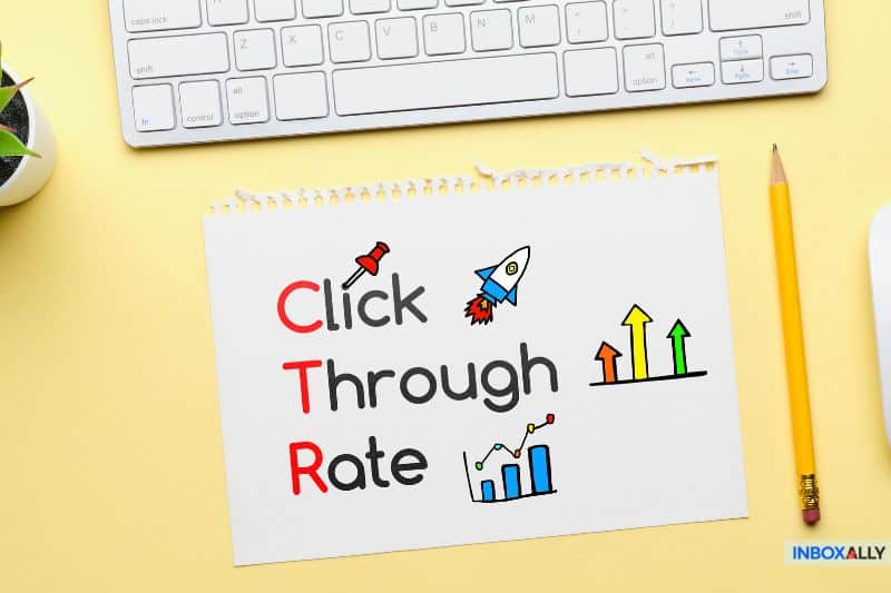 A note with "Click-Through Rate" written in colorful letters, featuring illustrations of a dart, rocket, arrows, and graphs. Nearby on the yellow background are a keyboard, pencil, and plant—a vibrant depiction of tracking this crucial metric.