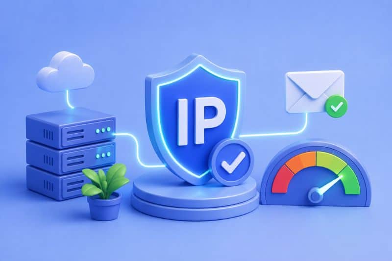 3D illustration of an IP shield surrounded by servers, a cloud, an envelope with a checkmark, a plant, and a speedometer, symbolizing internet security, IP reputation, and reliable email deliverability.