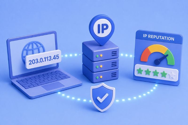 Illustration explaining how an IP address builds sender reputation through email sending behavior and trust signals