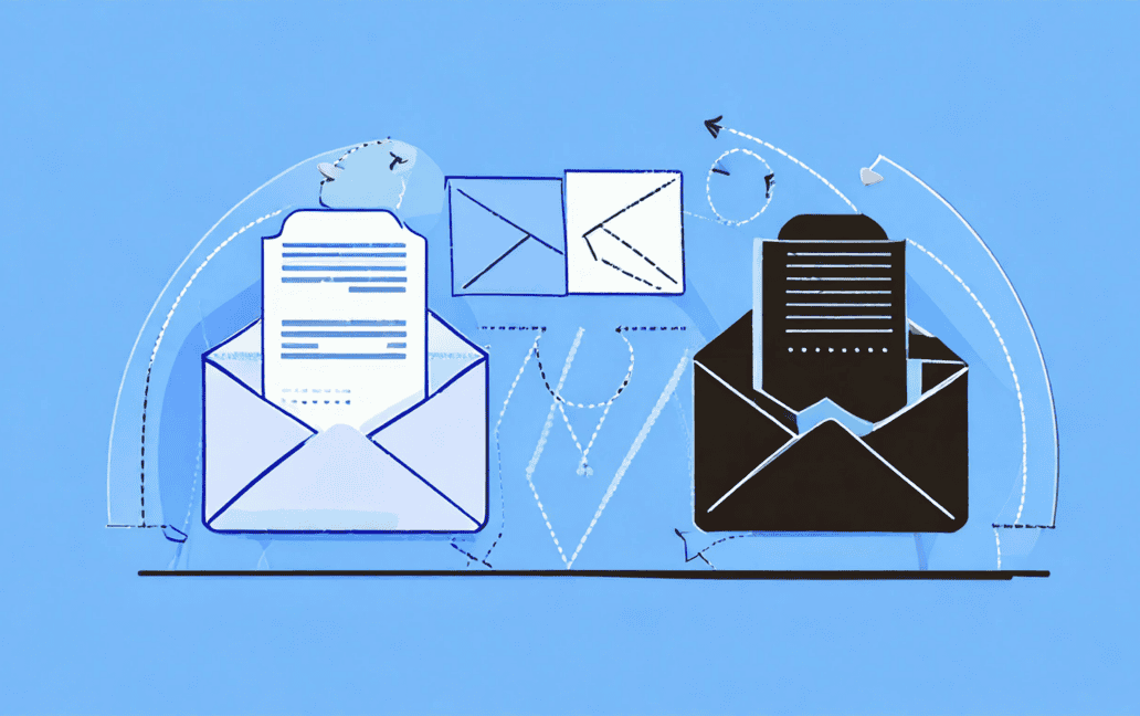Illustration of various envelopes and letters on a blue background, depicting email deliverability with arrows and dotted lines connecting them, showcasing a seamless flow to the inbox.