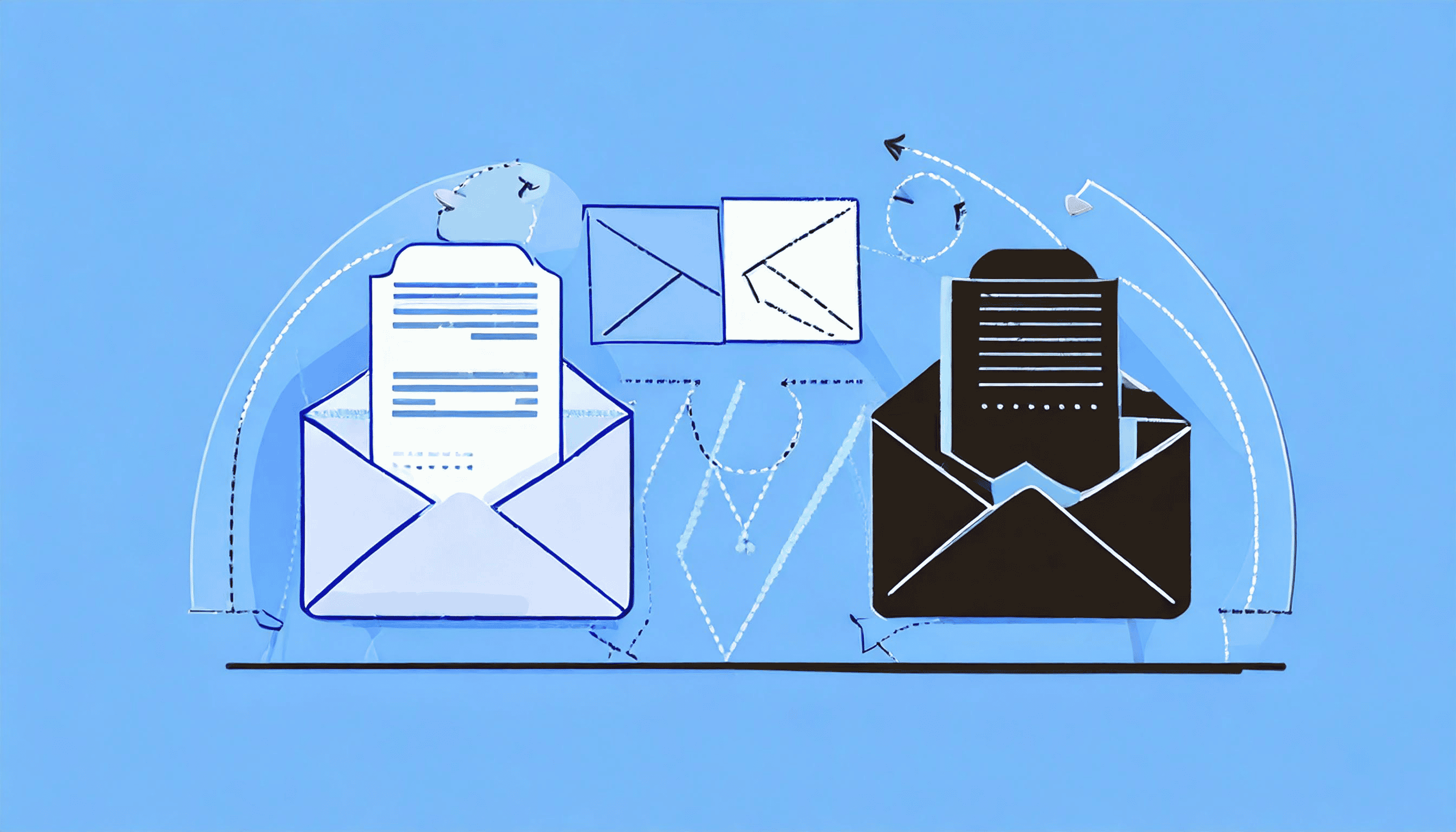 Illustration of various envelopes and letters on a blue background, depicting email deliverability with arrows and dotted lines connecting them, showcasing a seamless flow to the inbox.
