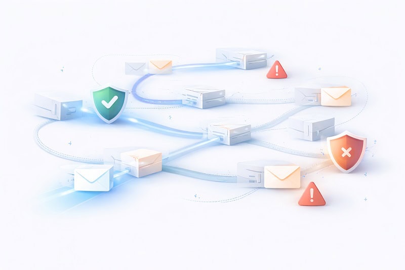 Diagrama de servidores interconectados que intercambian correos electrónicos, destacando los escudos de seguridad y los iconos de advertencia para indicar los mensajes protegidos y los potencialmente inseguros o bloqueados, destacando cómo la reputación IP afecta a la entregabilidad del correo electrónico y a la colocación en la bandeja de entrada.
