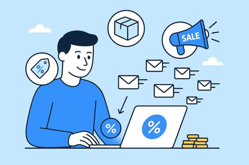 Illustration of a person using a laptop with icons of marketing emails, sale, discount, package, and coins, representing online marketing and transactional email activities.