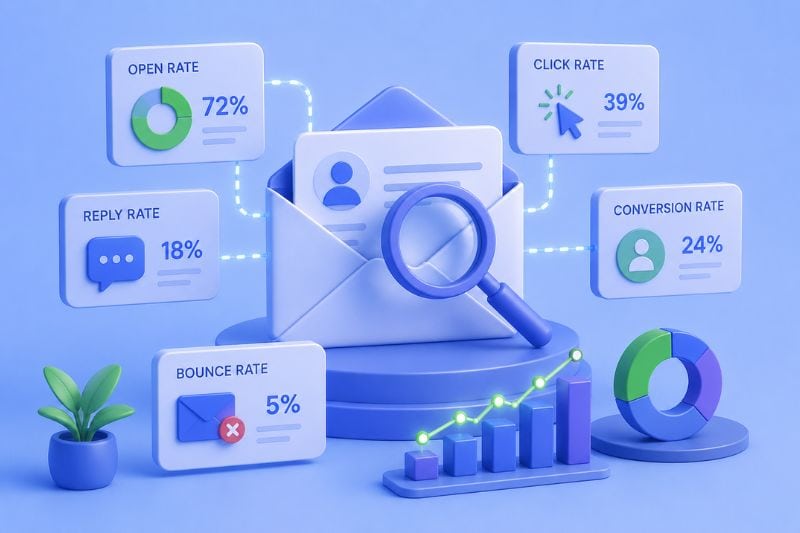 3D illustration of email marketing analytics showing campaign performance, with open rate, click rate, reply rate, bounce rate, and conversion rate stats displayed around an envelope and magnifying glass.
