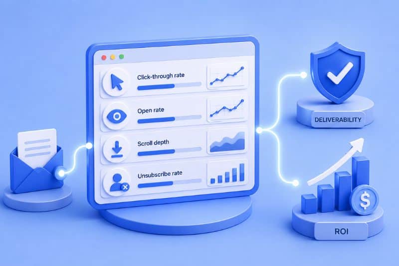 Illustration showing how email engagement metrics influence deliverability and return on investment through subscriber interactions