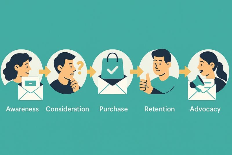 Ilustração de cinco estágios da jornada do cliente de marketing por e-mail: Conscientização, Consideração, Compra, Retenção e Defesa, cada um representado por ícones e pessoas com expressões correspondentes.