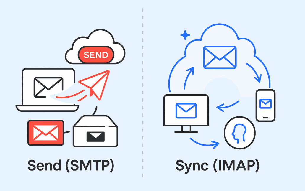 Diagram illustrating the differences between IMAP vs SMTP: email sending via SMTP on the left with devices and envelopes, and syncing via IMAP on the right with interconnected devices and envelopes.