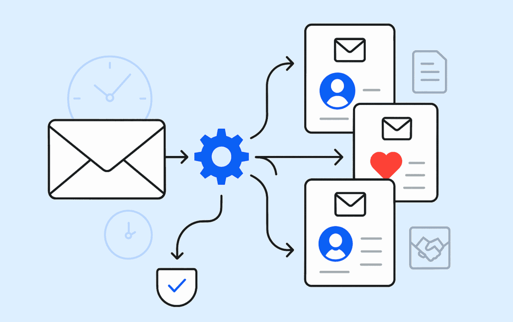 A diagram illustrates mail merge advantages by showing an envelope leading to a gear, then branching to three documents with icons: person, heart, and clock, symbolizing streamlined workflow or communication processes.