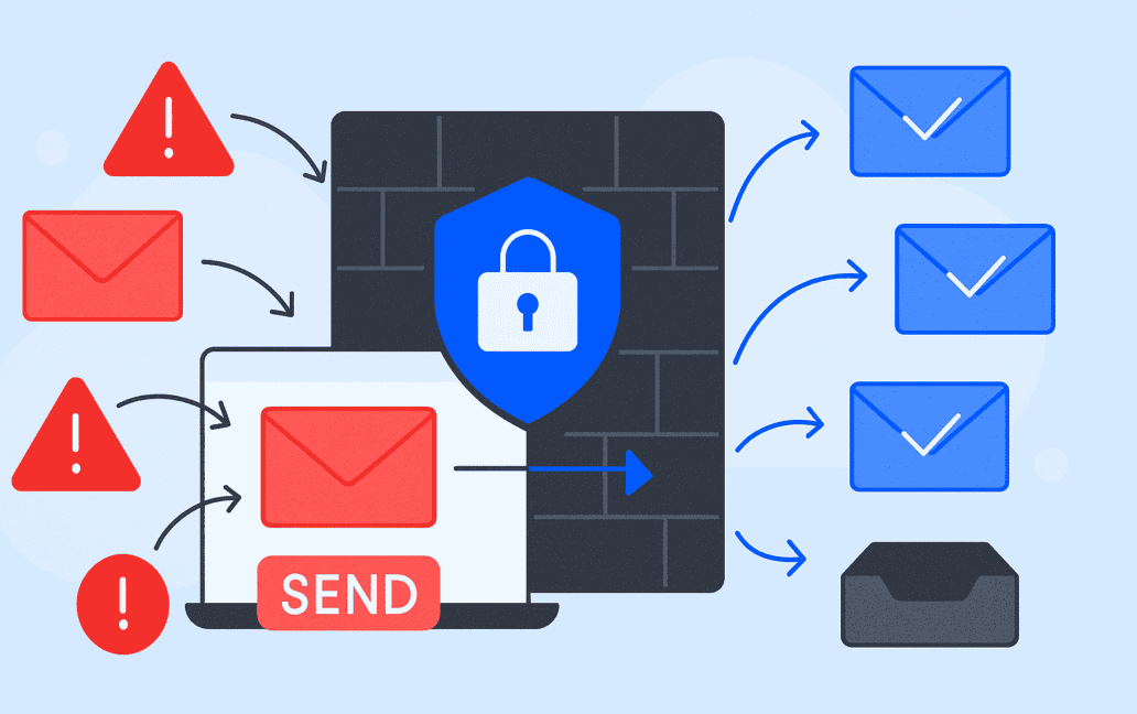 Illustration of a secure email system using advanced spam gateways. Red envelopes with exclamation marks are blocked by a shield, while blue envelopes proceed through the system. A "Send" button is shown on a laptop, highlighting enhanced business security against email threats.