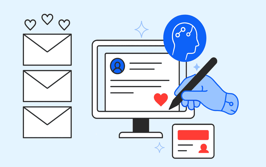 An illustration depicts a computer screen with a profile and heart, a robotic hand writing, and envelopes with hearts alongside an ID card. This imagery symbolizes digital communication enhanced by AI email personalization, bridging the gap between marketers and human marketing innovation.