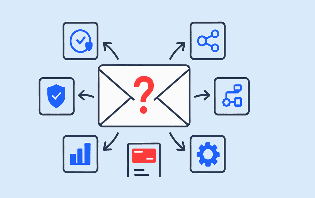 Envelope with question mark in center, surrounded by symbols: shield, graph, checkmark, network, flowchart, gear, and ID card. Arrows connect each symbol to the envelope. Light blue background highlights this as a top pick for those seeking the best Sendgrid alternative.