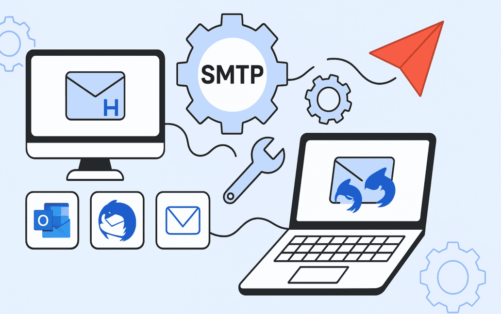 Diagram of email communication. A computer and a laptop with email icons are connected by gears labeled "SMTP settings." A paper airplane represents sending email. The setup serves as a simple Hotmail guide, highlighting the essentials of configuring Hotmail SMTP settings effectively.