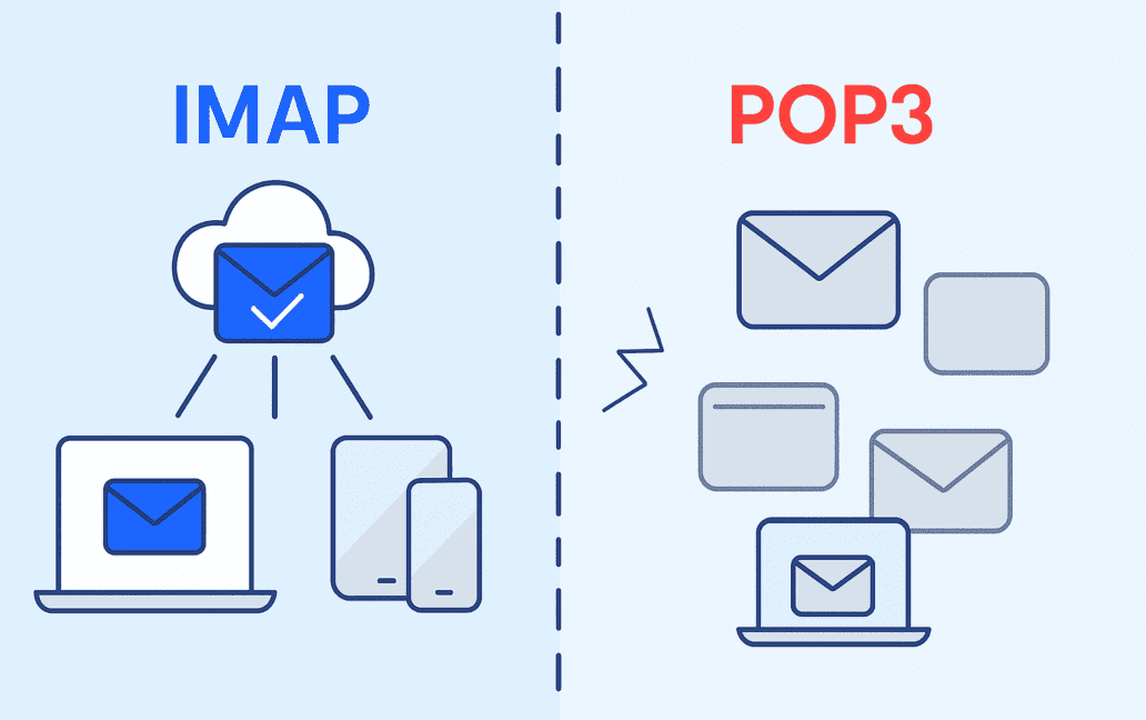 Comparison of IMAP vs POP3 email protocols: IMAP ensures synchronized emails across devices through the cloud, while POP3 involves downloading emails to a single device.