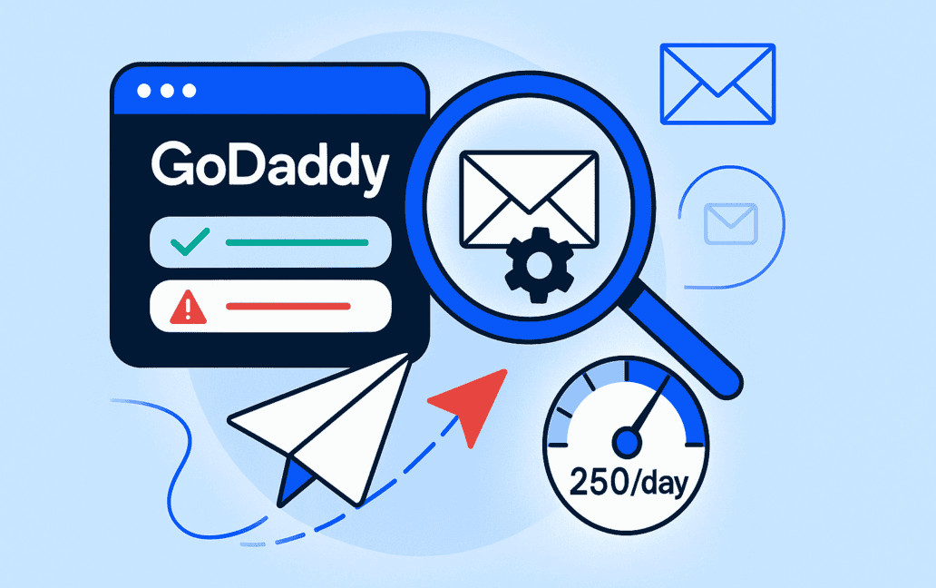 Illustration showing the GoDaddy email interface, a magnifying glass over an envelope, paper airplanes, and a speedometer labeled "250/day," highlighting GoDaddy SMTP settings and daily email limits or restrictions.