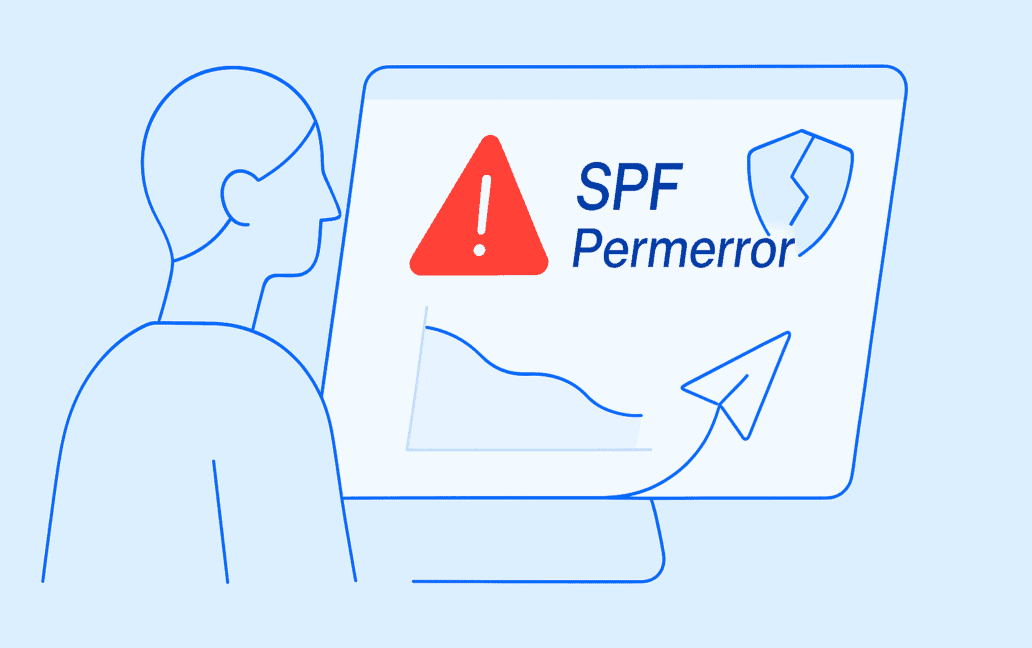 Illustration of a person looking at a computer screen displaying an SPF permerror warning, a downward trend graph, and a broken shield icon.