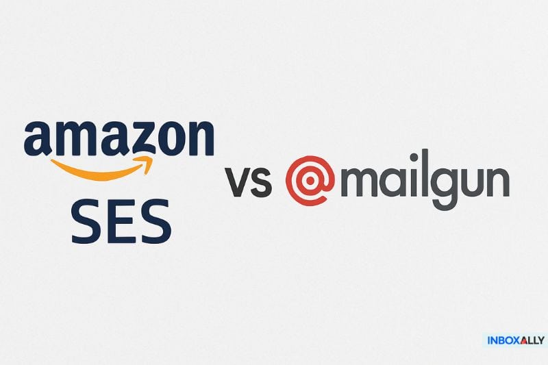 Logotipo de Amazon SES junto al logotipo de Mailgun, que ilustra una comparación de servicios de correo electrónico entre Amazon SES y Mailgun.