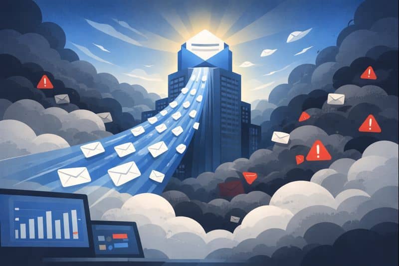 Illustration of a large envelope atop a building sending out streams of emails, with alert icons and data charts in the foreground, highlighting Bulk Email Practices for 2025 and symbolizing email communication and security issues.