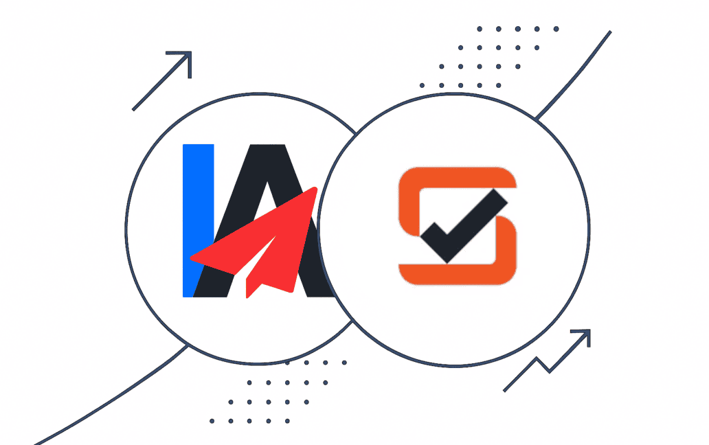 Two overlapping circles feature different logos: one with "IA" and a red paper plane representing InboxAlly, the other with an orange square and a blue checkmark. Arrows and dotted lines suggest Google reputation connections between them.