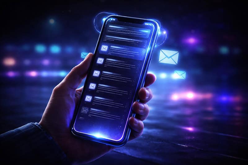 A hand holding a smartphone displaying multiple unread email notifications with floating envelope icons and a glowing, futuristic background, highlighting the impact of Email Marketing Statistics.