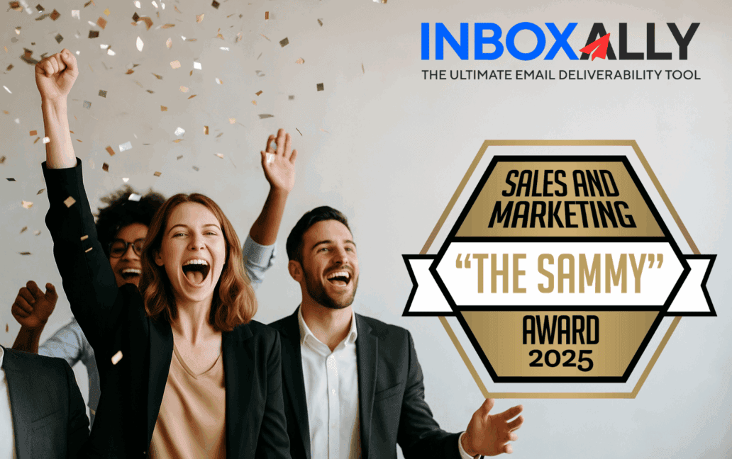 Three people celebrate as InboxAlly wins the 2025 Sammy Award for Sales and Marketing; gold confetti falls around them.