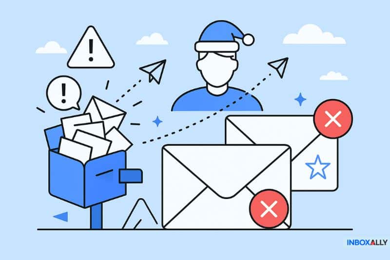 Illustration of a person in a Santa hat, mailboxes with unread emails, warning icons, and two large rejected email envelopes—highlighting Black Friday Email Deliverability challenges.