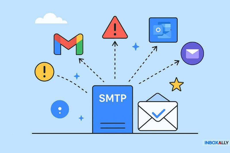 Ilustração de um servidor SMTP conectado a vários ícones de serviços de e-mail com símbolos de alerta e notificação, destacando a entrega de e-mails, a reputação do remetente e os problemas que podem surgir durante os primeiros 30 dias cruciais de aquecimento do SMTP.