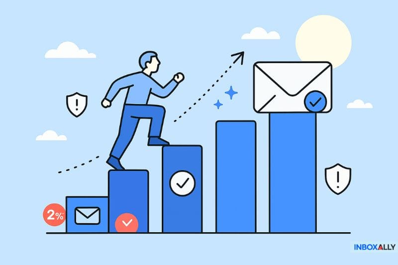 Illustration of a person climbing bar graph steps with envelopes, check marks, and security icons, symbolizing email progress, SMTP warm up, and improvement of sender reputation during the first 30 days.