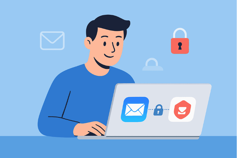 Illustration of a person using a laptop with icons of an email, a lock, and a security shield, representing secure email communication with apps like ProtonMail or Apple Mail.
