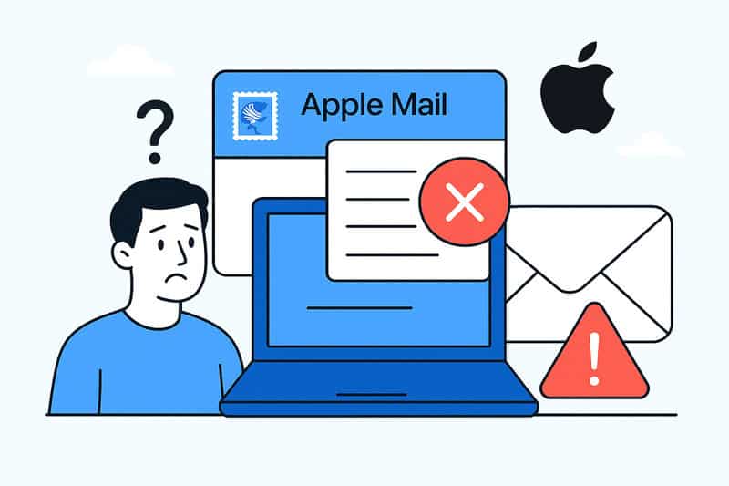 Illustration of a confused person, a laptop with an error message, Apple Mail logo, an envelope, and warning symbols, signifying Apple Mail email issues and not sending emails.