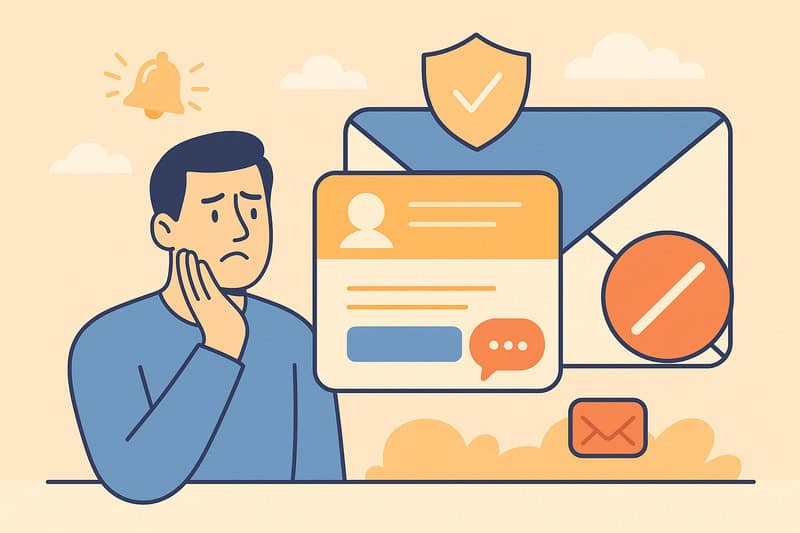 Illustration of a concerned person next to email security icons, warning symbols, and notification alerts, highlighting potential Apple Mail or data security issues related to email filtering and spam filter effectiveness.