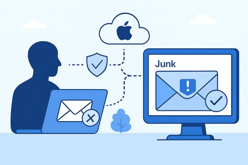 Illustration of a person using a laptop with an email icon, a cloud with the Apple logo, and a desktop screen displaying a junk email message, highlighting Apple Mail’s powerful spam filter.
