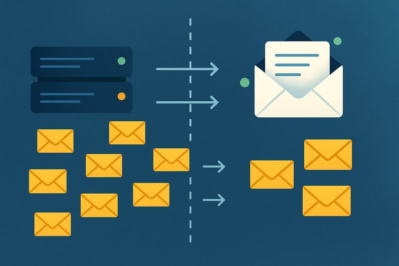 Illustration showing multiple envelopes and servers merging into a single envelope, symbolizing Email Marketing consolidation or filtering, with a few envelopes remaining separate for optimal Inbox Success.