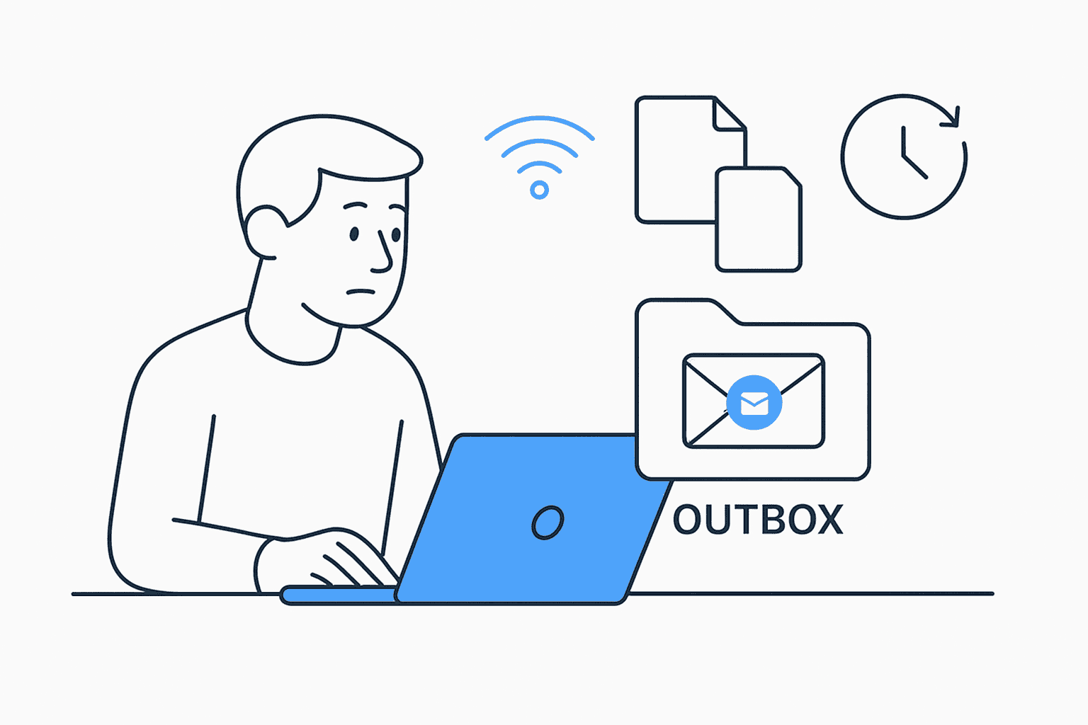 Line drawing of a person at a laptop with icons for files, clock, Wi-Fi, and an email in the Outbox folder, suggesting email sending or connectivity issues.