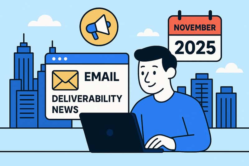 Illustration of a person using a laptop with “Email Deliverability News 2025” on the screen, a calendar marked November, and a cityscape in the background.