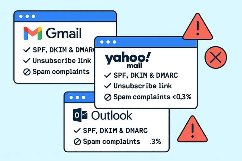 Diagram showing Gmail, Yahoo Mail, and Outlook email requirements: SPF, DKIM, DMARC, unsubscribe link, and low spam complaints percentages with warning icons—highlighting November Updates for improved Email Deliverability.