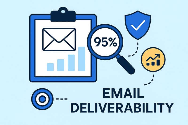 Illustration of a clipboard with an envelope icon, a bar graph, and a magnifying glass showing 95%—depicting how to measure email deliverability with the words "Email Deliverability.