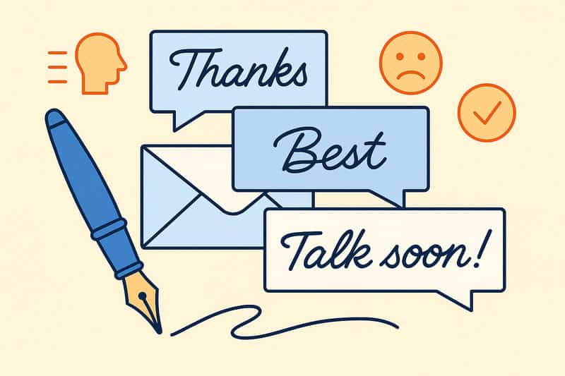 Illustration of a fountain pen, envelope, and speech bubbles saying "Thanks," "Best," and "Talk soon!"—all representing professional email closing phrases to help you end an email professionally. Includes icons of a head, sad face, and check mark.