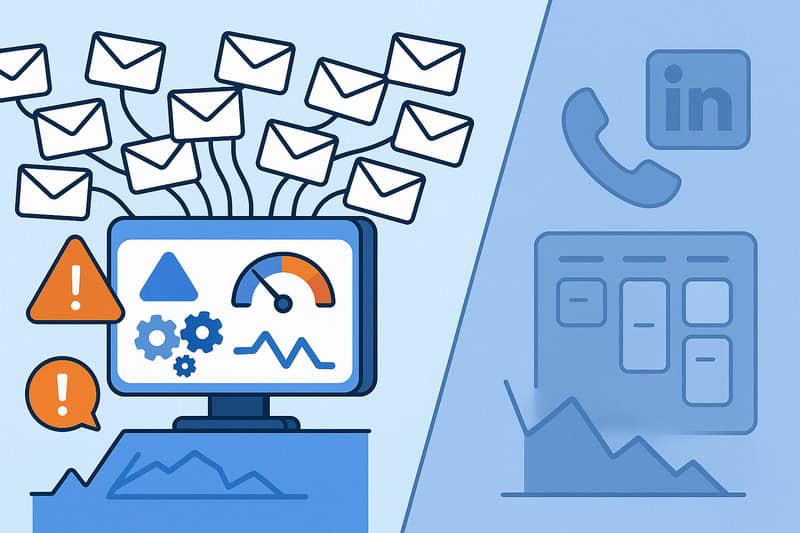 Illustration of a computer with email notifications, warning icons, and graphs declining—ideal for those exploring Instantly competitors or seeking Instntly alternatives for better outreach solutions.