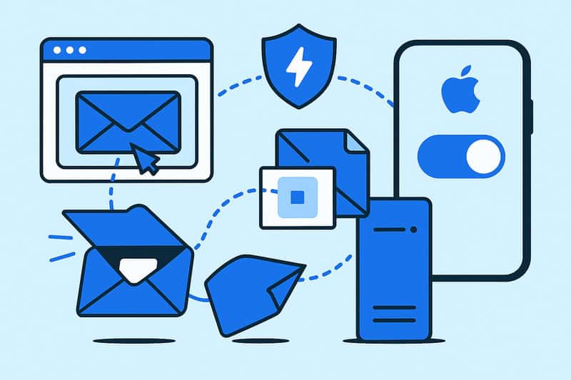 Ilustração de ícones de e-mail, um escudo, um servidor e um dispositivo Apple, representando a comunicação digital, conceitos de privacidade e como o Mail Privacy Protection afeta os profissionais de marketing.