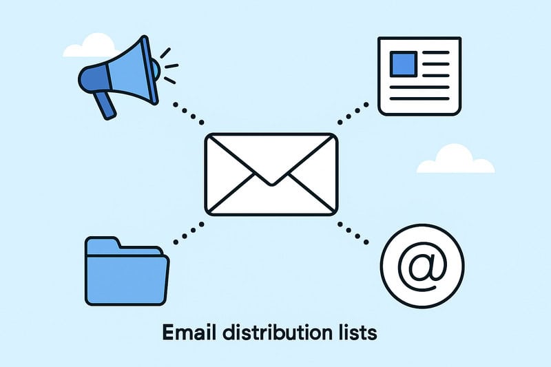 Diagrama que muestra un icono de sobre en el centro conectado a un megáfono, un documento, una carpeta y un símbolo de correo electrónico, ilustrando la Lista de Distribución y la gestión racionalizada del correo electrónico.